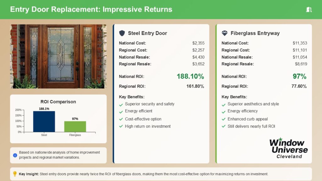 Side-by-side comparison of ROI for steel and fiberglass entryways based on 2024 national and regional remodeling data