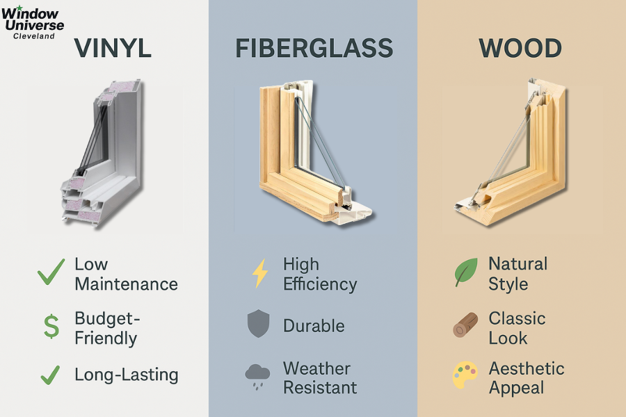 A three-column comparison chart showing vinyl, fiberglass, and wood window frames. Each column highlights an image of the frame material with three benefit icons and descriptions. Vinyl is labeled “Low Maintenance,” “Budget-Friendly,” and “Long-Lasting”; fiberglass features “High Efficiency,” “Durable,” and “Weather Resistant”; wood includes “Natural Style,” “Classic Look,” and “Aesthetic Appeal.” Backgrounds are tinted gray, blue-gray, and tan to distinguish each material.