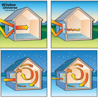 window energy savings cleveland infographic comparing heat transfer through standard windows versus energy-efficient windows, showing how they block summer heat gain and retain winter warmth. Window Universe Cleveland.