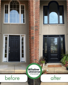 Before and after photo of a front entry replacement doors with black ProVia double doors and modern sidelites in Northeast Ohio