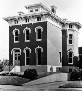 Black and white photo of the Nelson Sanford House, circa early 20th century.
