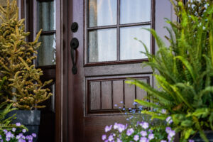 Close-up of ProVia Signet Cherry fiberglass entry door with smooth vertical paneling and clear divided light glass