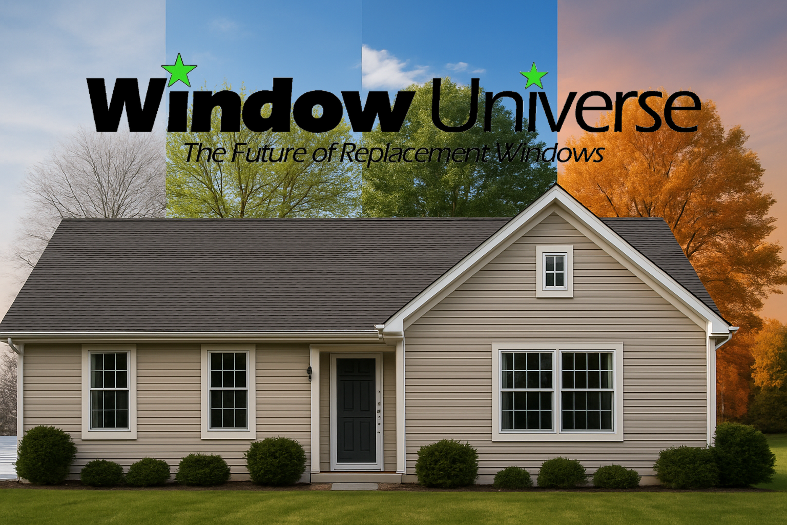 A wide photo of a Northeast Ohio home with a seasonal sky showing winter, spring, summer, and fall blending across the horizon