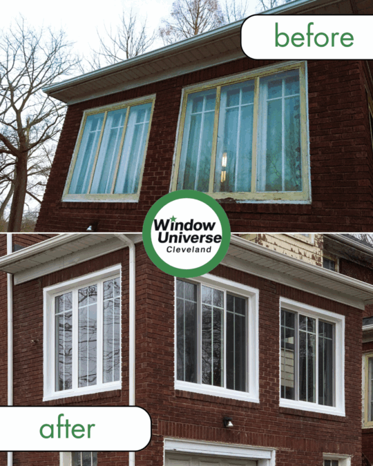 Before and after of vinyl replacement windows on a brick home in Northeast Ohio by Window Universe Cleveland