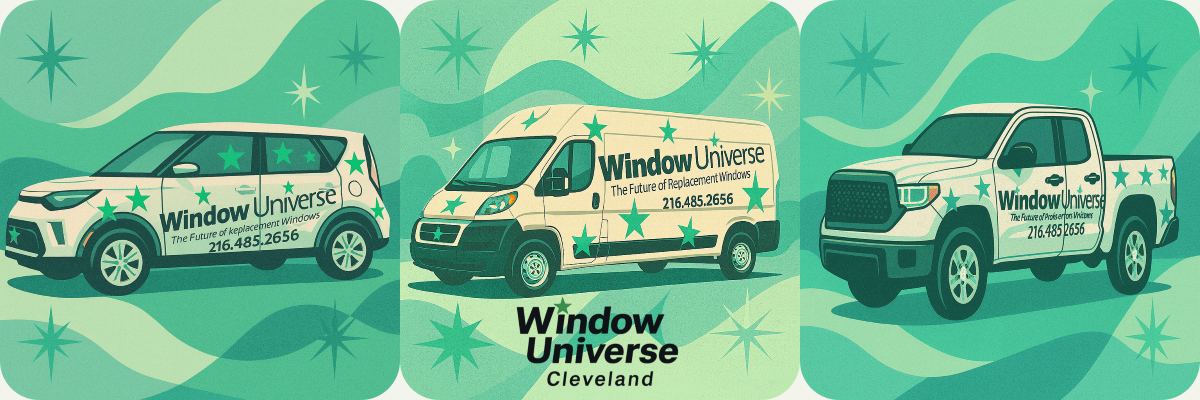 Illustrated Window Universe Cleveland fleet collage showing van, sales vehicle, and pickup truck