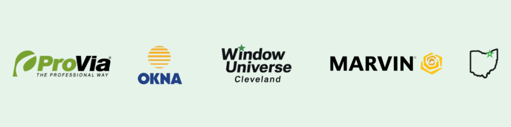Partner logos for Window Universe Cleveland, Okna, ProVia, Marvin, and Ohio outline icon