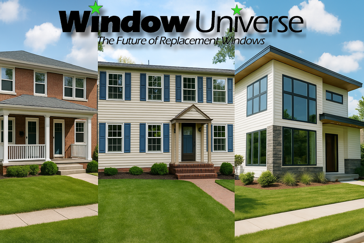 Wide banner image showing three Northeast Ohio home types: a clean Lakewood duplex, a classic Brunswick colonial, and a modern Beachwood contemporary home. Photorealistic triptych style. Replacement Windows Cost banner