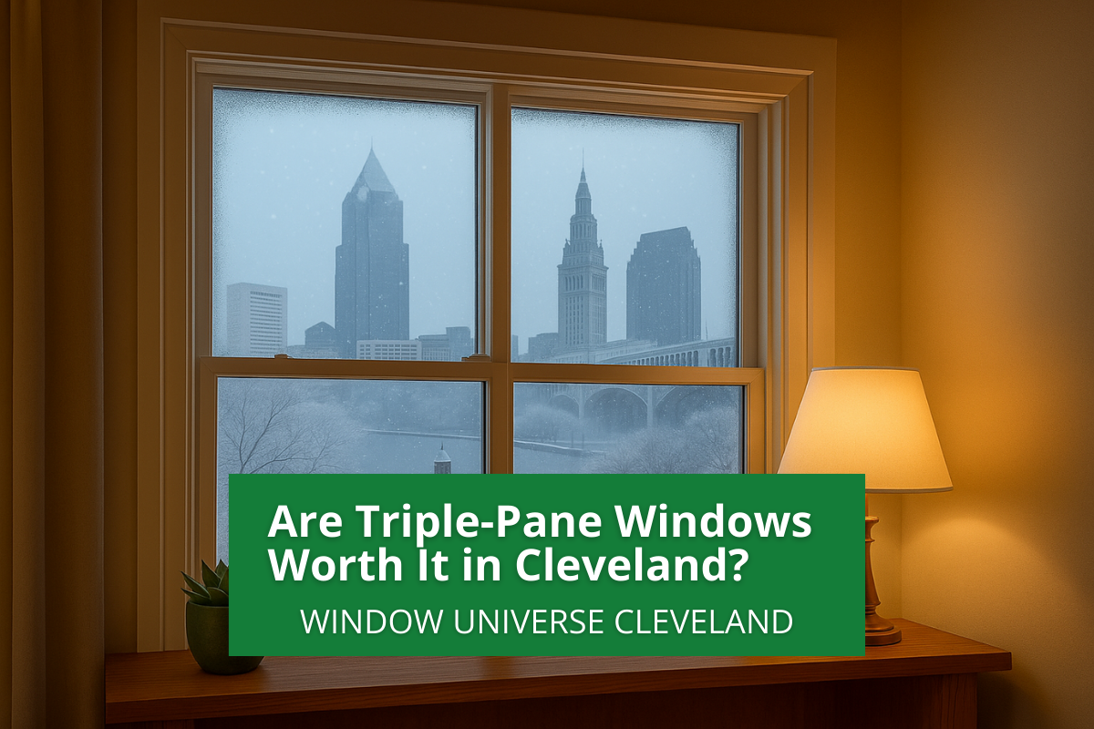 Photo-realistic view from inside a home looking through a vinyl replacement window at the snowy Cleveland skyline, with warm interior lighting. Text overlay: “Are Triple-Pane Windows Worth It in Cleveland? Window Universe Cleveland.”