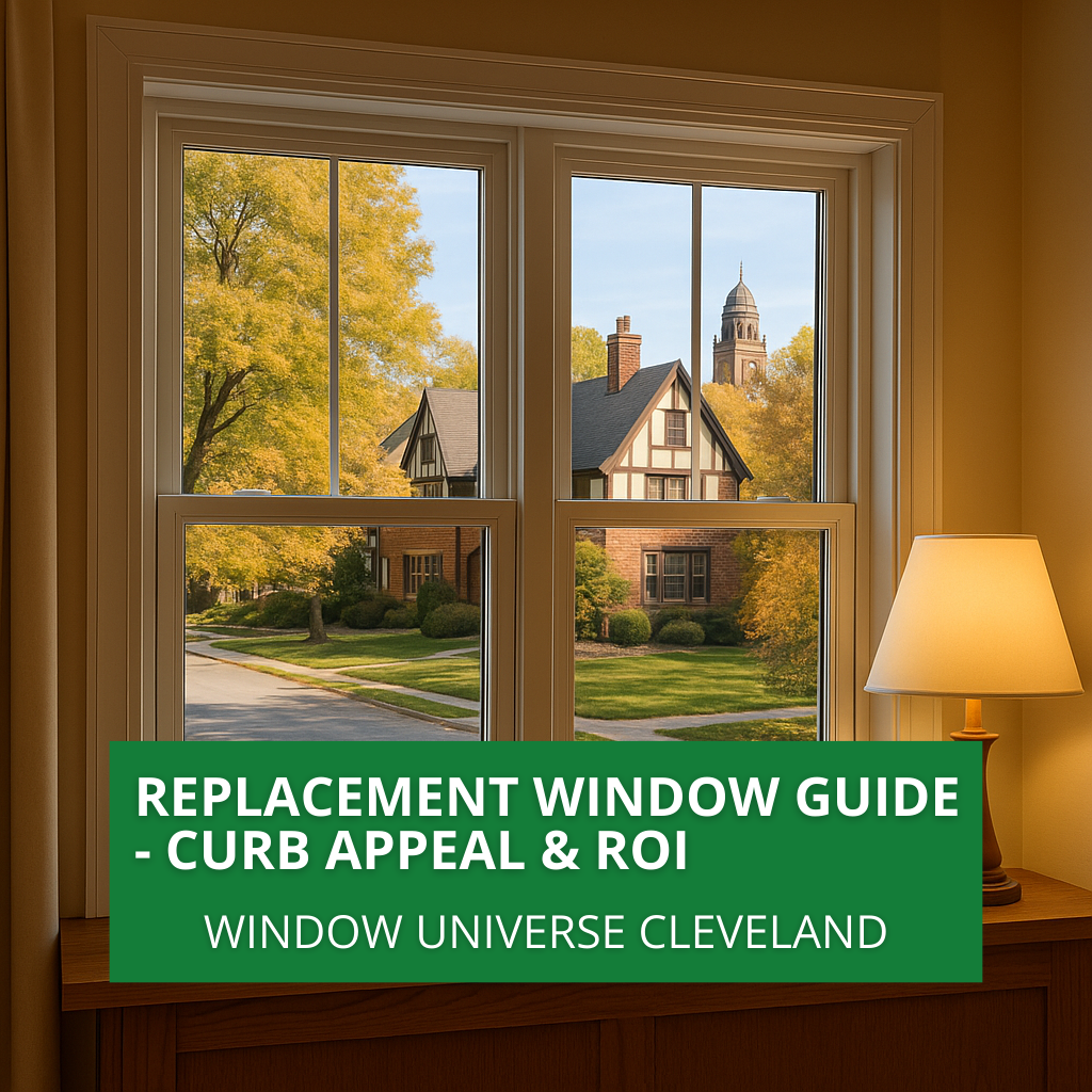 View through an OKNA vinyl replacement window into a Cleveland Heights neighborhood with Tudor-style homes and fall foliage.