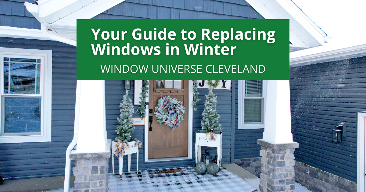 Featured image for Window Universe Cleveland’s Winter Window Replacement Guide. A Window Universe van drives down a snowy Cleveland street lined with homes, highlighting local winter window installation.