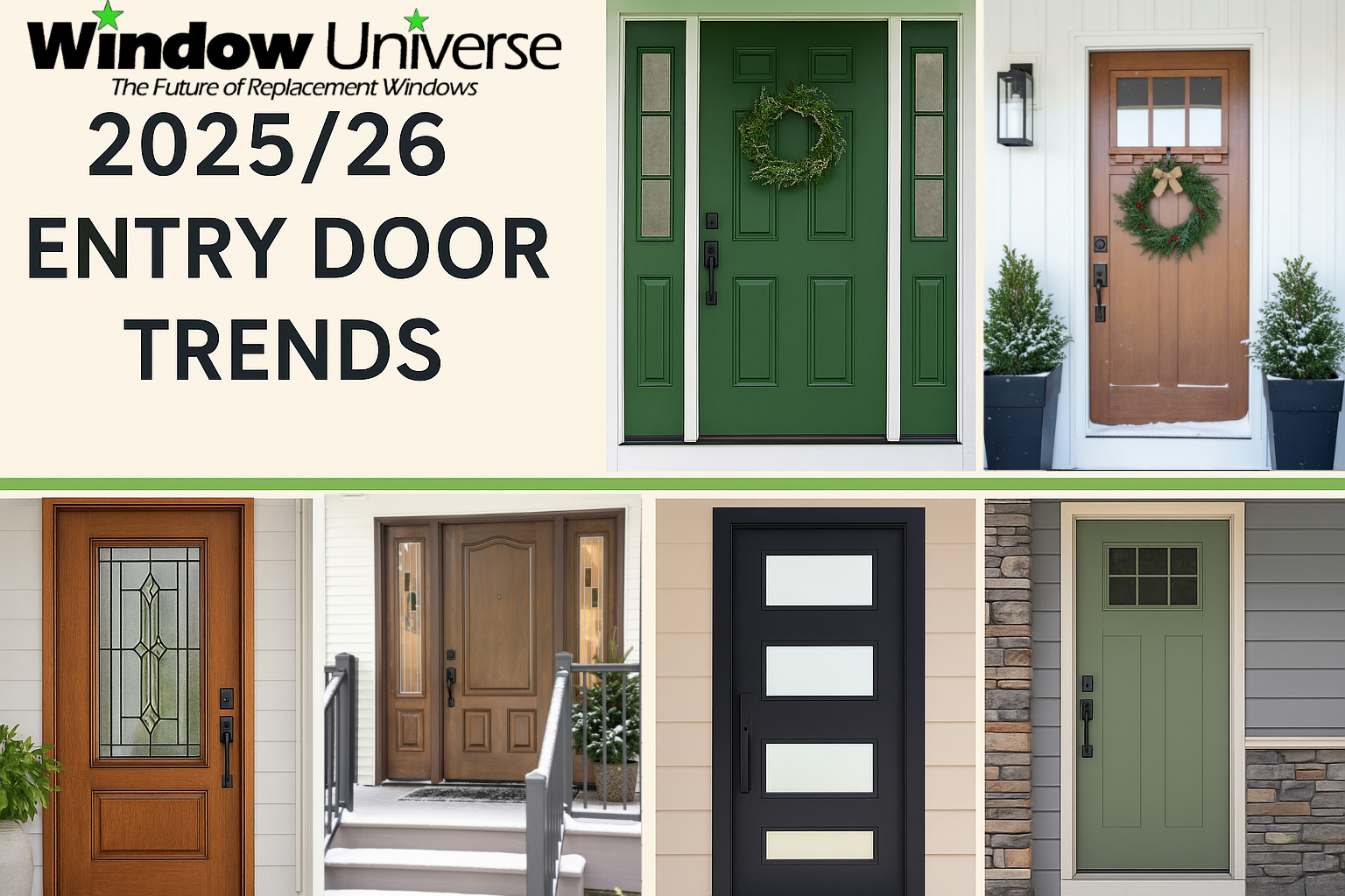 Collage of six ProVia entry doors in trending colors, glass styles, and hardware designs, created for Window Universe Cleveland’s 2025/26 entry door trends feature
