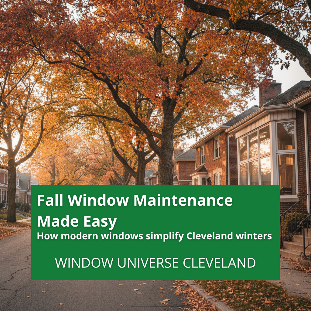 Tree-lined Cleveland street with brick homes and large windows glowing in fall sunlight, overlaid text reads “Fall Window Maintenance Made Easy – How modern windows simplify Cleveland winters – Window Universe Cleveland.”