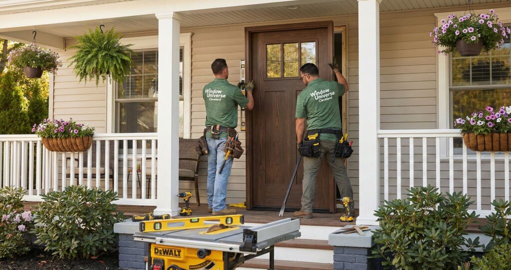 Two Window Universe Cleveland installers in green shirts installing a ProVia entry door on a front porch, with tools and equipment visible in the scene.