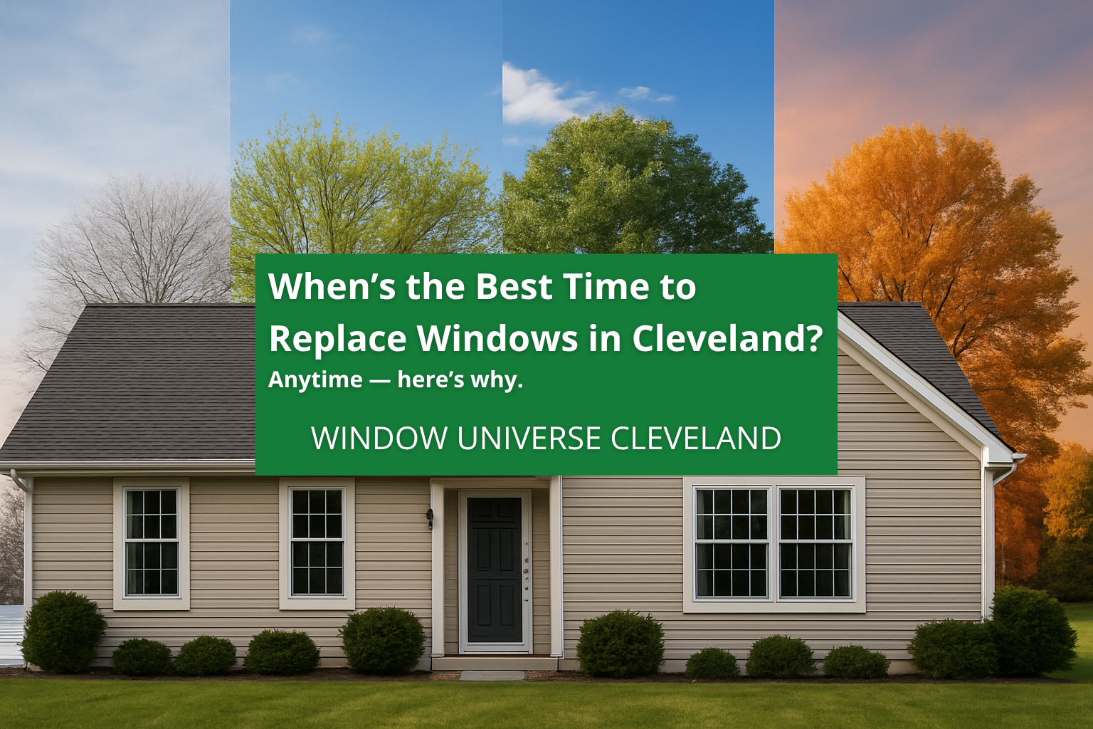 Hero image showing a Cleveland home across four seasons with text: When’s the Best Time to Replace Windows in Cleveland? Anytime — here’s why.