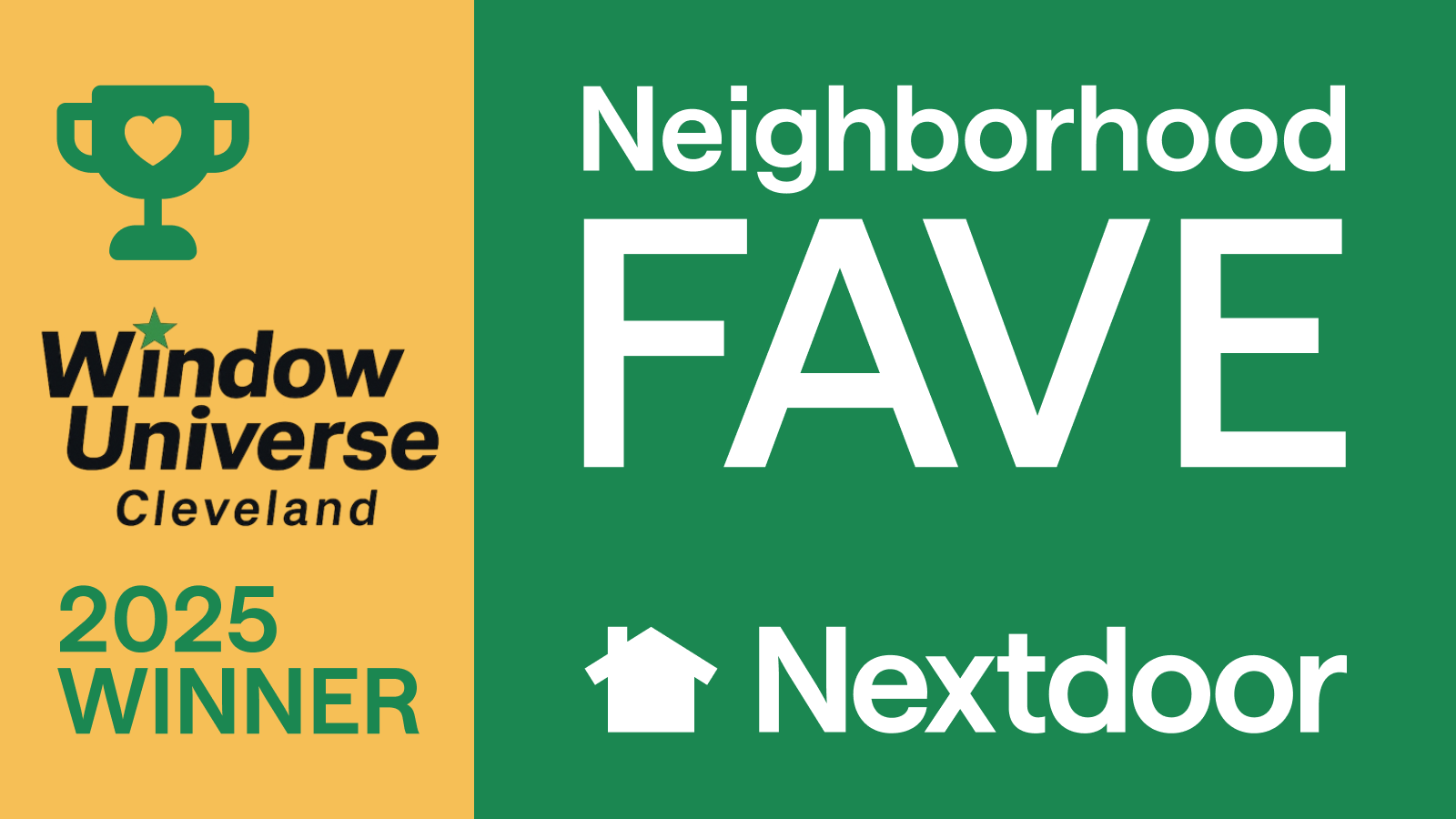 Window Universe Cleveland recognized as a 2025 Nextdoor Neighborhood Fave, featuring the company logo, trophy icon, and official Neighborhood Fave winner banner used to highlight trusted home improvement businesses in Northeast Ohio.