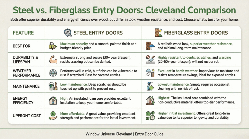 Infographic comparing steel vs. fiberglass entry doors for Cleveland homeowners, including durability, weather resistance, maintenance, energy efficiency, and cost.