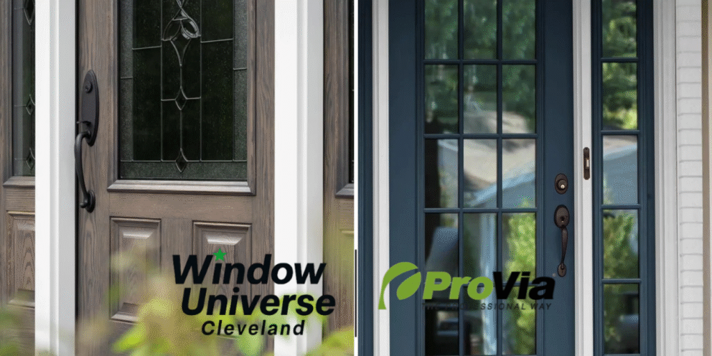 Side-by-side comparison of ProVia Signet fiberglass and Legacy steel entry doors installed in Northeast Ohio.