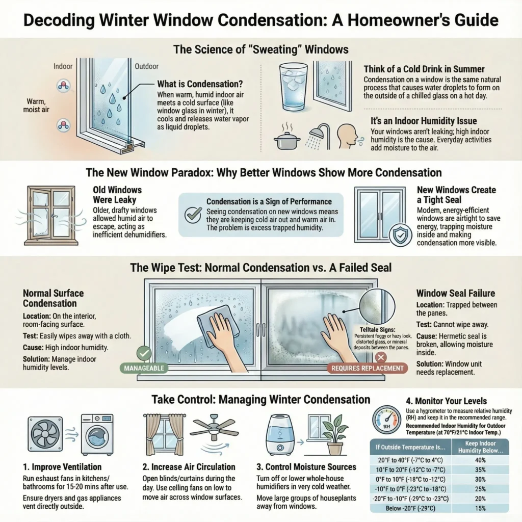 Infographic explaining winter window condensation, showing how indoor humidity causes moisture on cold glass, the wipe test to identify seal failure, and steps to control humidity in winter.
