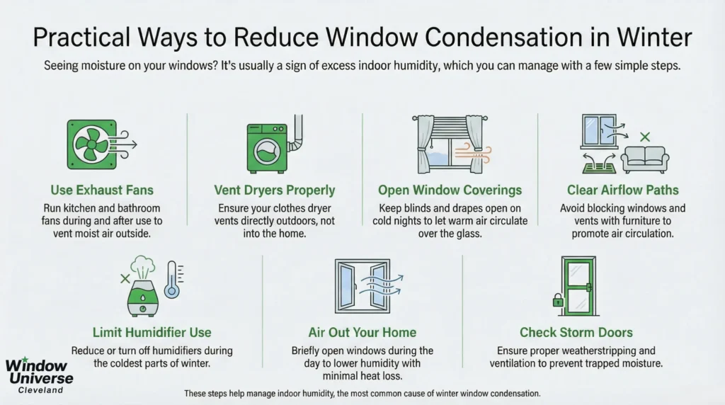 Landscape infographic showing practical ways to reduce window condensation in winter, including using exhaust fans, venting dryers outdoors, opening window coverings, clearing airflow, limiting humidifier use, airing out the home, and checking storm doors.