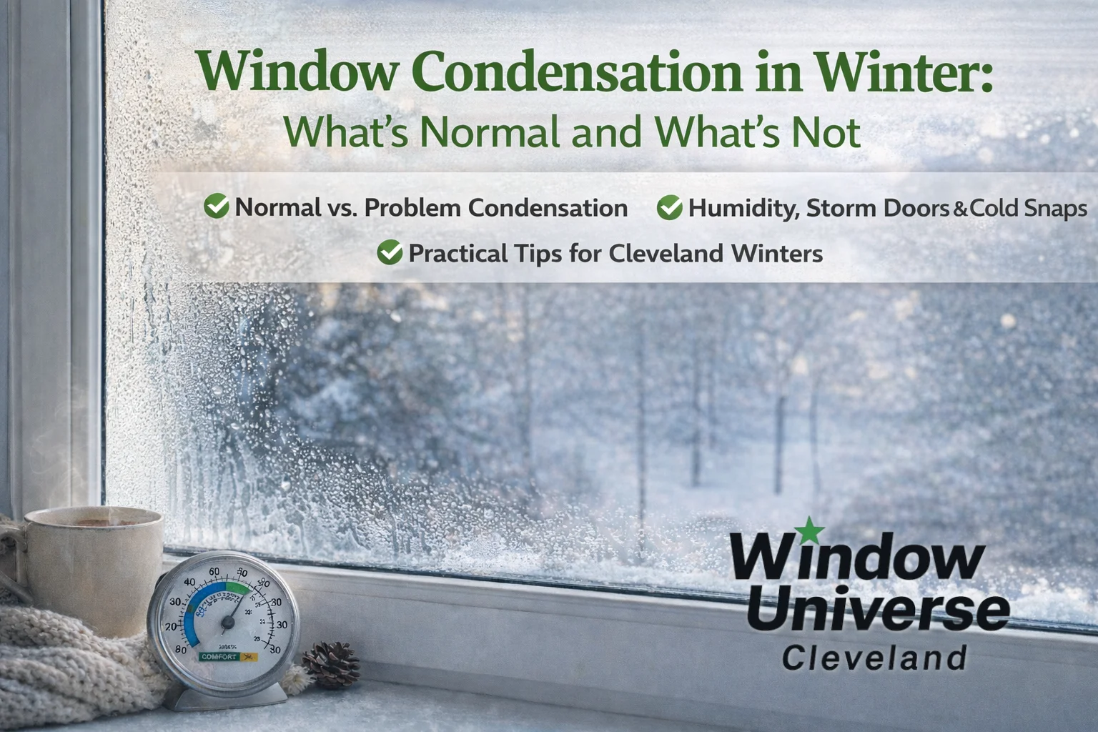 Condensation on a winter window in a Cleveland home, with moisture on cold glass and a hygrometer on the windowsill showing indoor humidity levels.