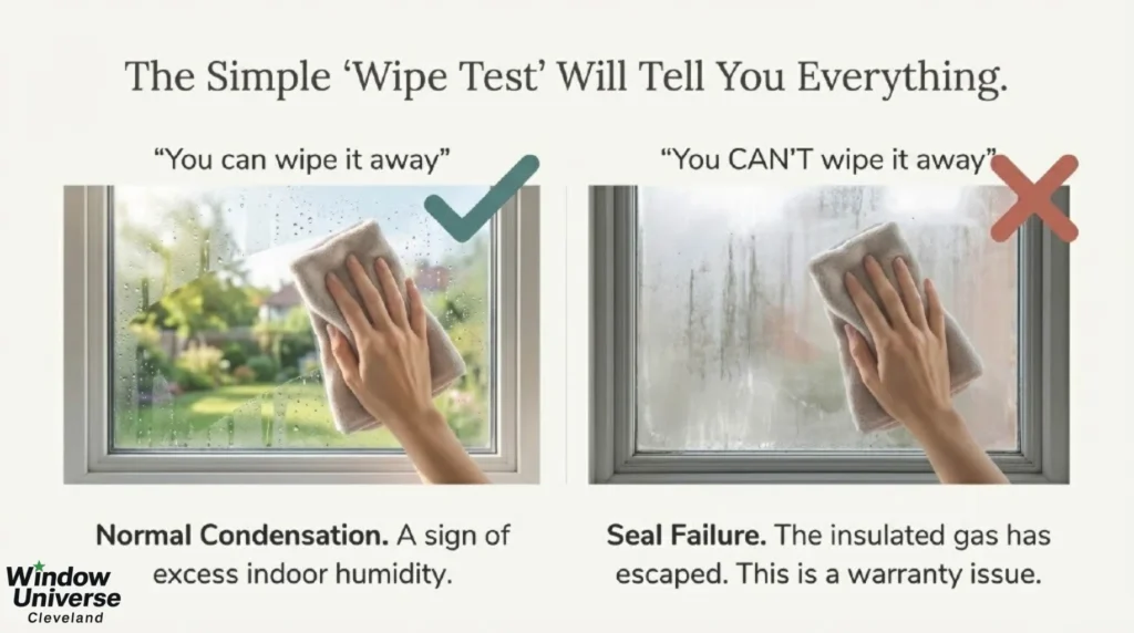 Side-by-side images showing the window wipe test. One window has surface condensation that wipes away. The other shows fog between panes that cannot be wiped away, indicating seal failure.