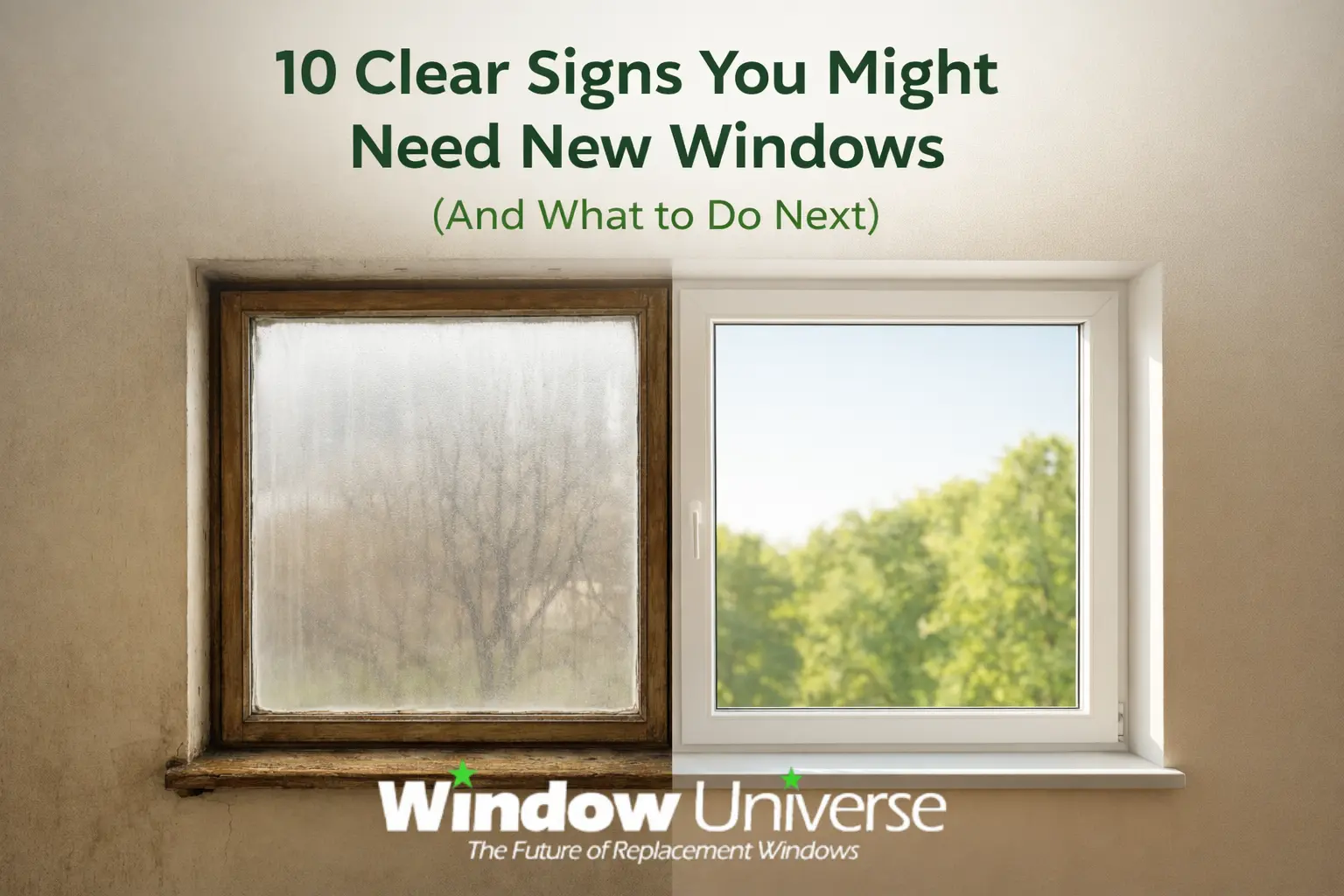 Side by side comparison of old foggy window and new replacement window showing signs you might need new windows in a Cleveland home