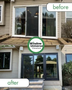 Before and after photo of a sliding glass door replacement with modern black framed doors in Cleveland
