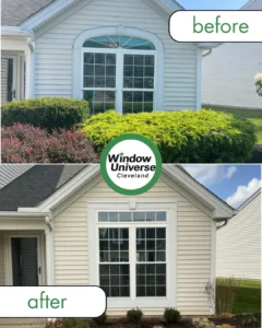 Before and after photo of a home window replacement improving curb appeal and energy efficiency