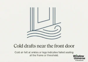 Infographic showing cold drafts near a front door as a winter sign the door is no longer sealing properly.