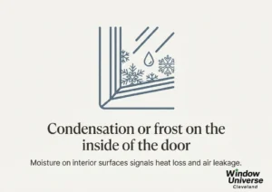 Infographic showing condensation or frost on the inside of a front door as a winter performance issue.
