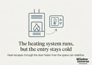 Infographic showing a cold entryway despite the heating system running as a sign of front door heat loss.