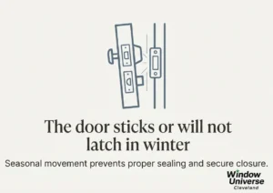 Infographic showing a front door that sticks or will not latch as a winter performance problem.