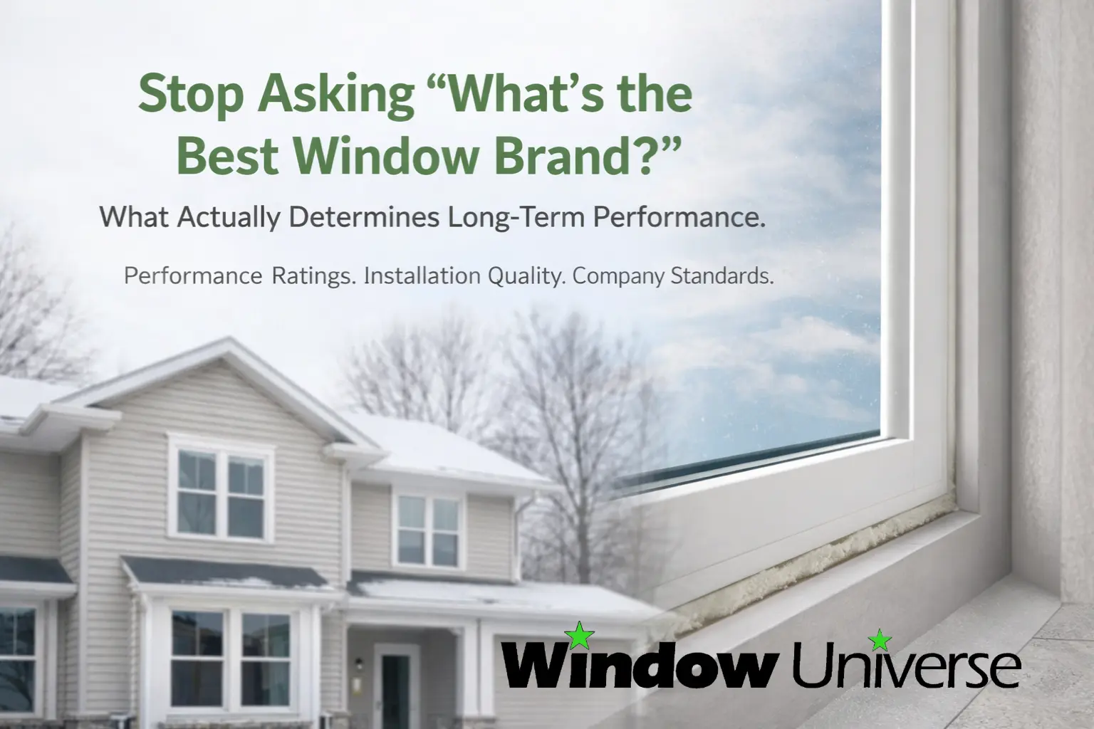 Replacement window installation detail and winter home exterior in Cleveland Ohio, emphasizing performance over brand name.