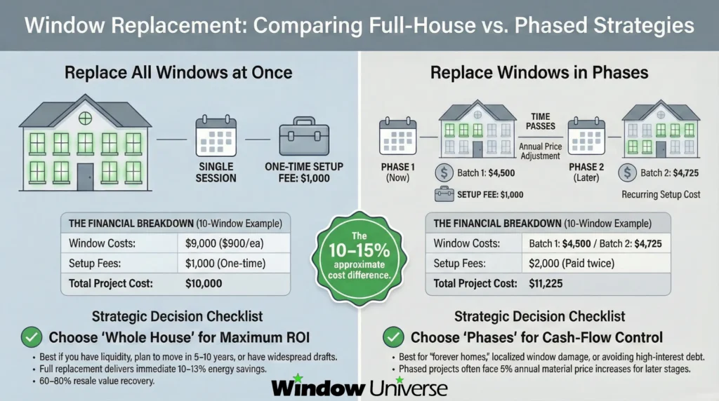 Side by side comparison showing the cost difference between full house window replacement and phased window replacement.