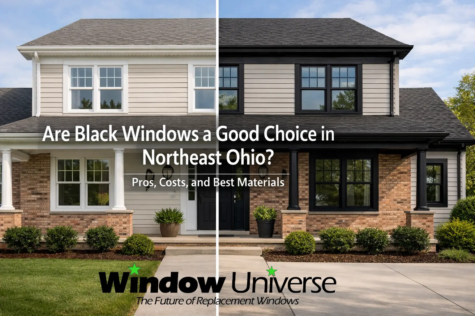 Black vs white replacement window frames on a modern home exterior in Northeast Ohio comparison