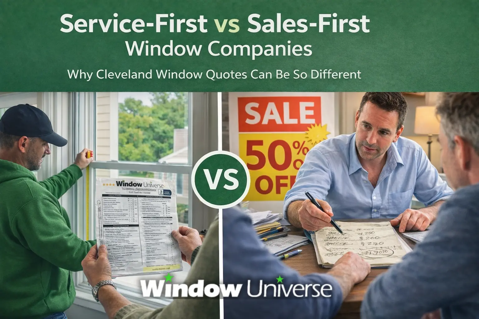 Split image comparing two window replacement quote experiences. Left side shows a salesman giving a handwritten estimate. Right side shows an installer measuring windows and reviewing a detailed price sheet.