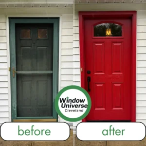 Before and after entry door replacement in Chesterland Ohio with ProVia Signet fiberglass door in Vallis Red showing bold color upgrade and improved curb appeal