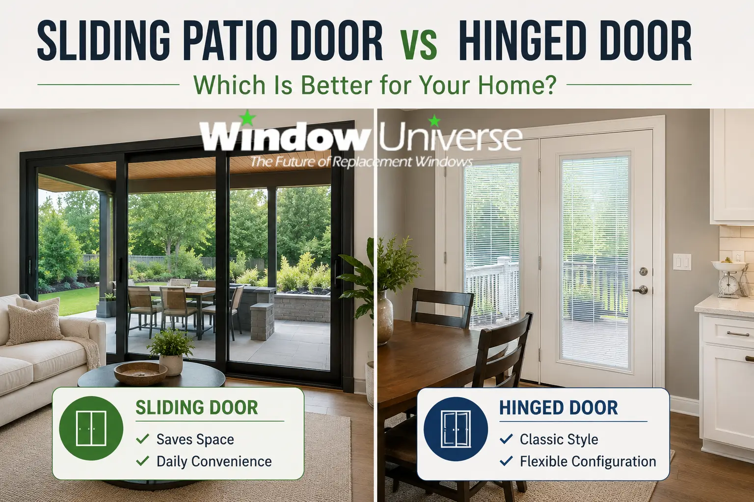 Comparison of a Sliding Patio Door vs Hinged Door, highlighting key differences in operation, space requirements, and design for Northeast Ohio homeowners.