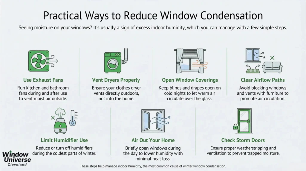 Landscape infographic showing practical ways to reduce window condensation, including using exhaust fans, venting dryers outdoors, opening window coverings, clearing airflow, limiting humidifier use, airing out the home, and checking storm doors.