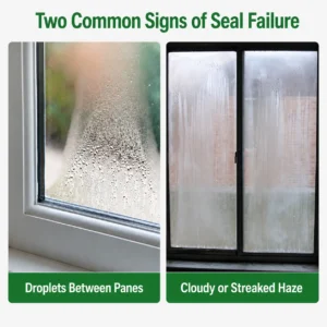 Side-by-side examples of failed window seals showing droplets trapped between panes and a cloudy, streaked haze inside the glass.