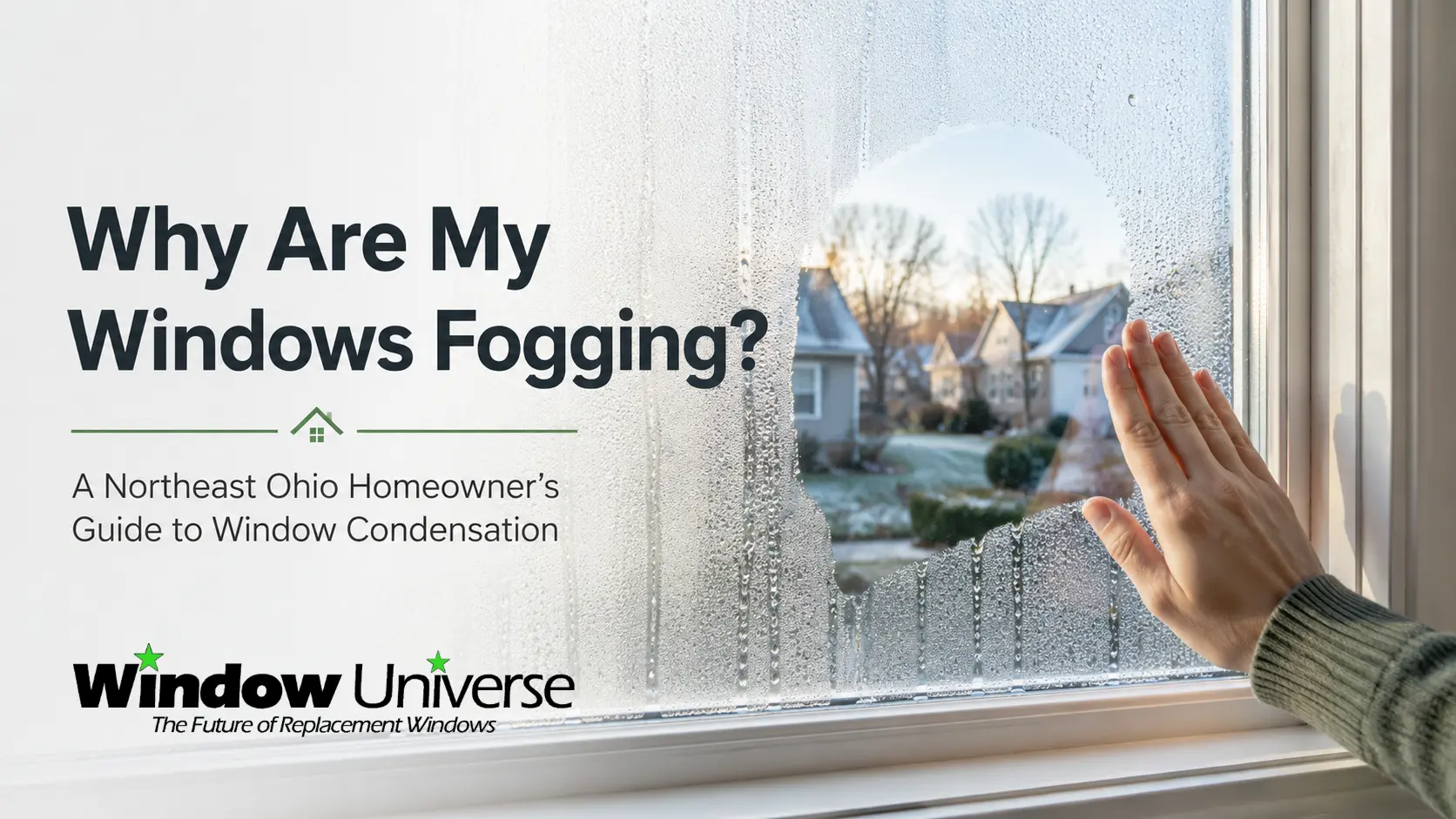 Fog and condensation covering a residential window as a homeowner wipes the glass on a cold Northeast Ohio morning. Title card displays Why Are My Windows Fogging