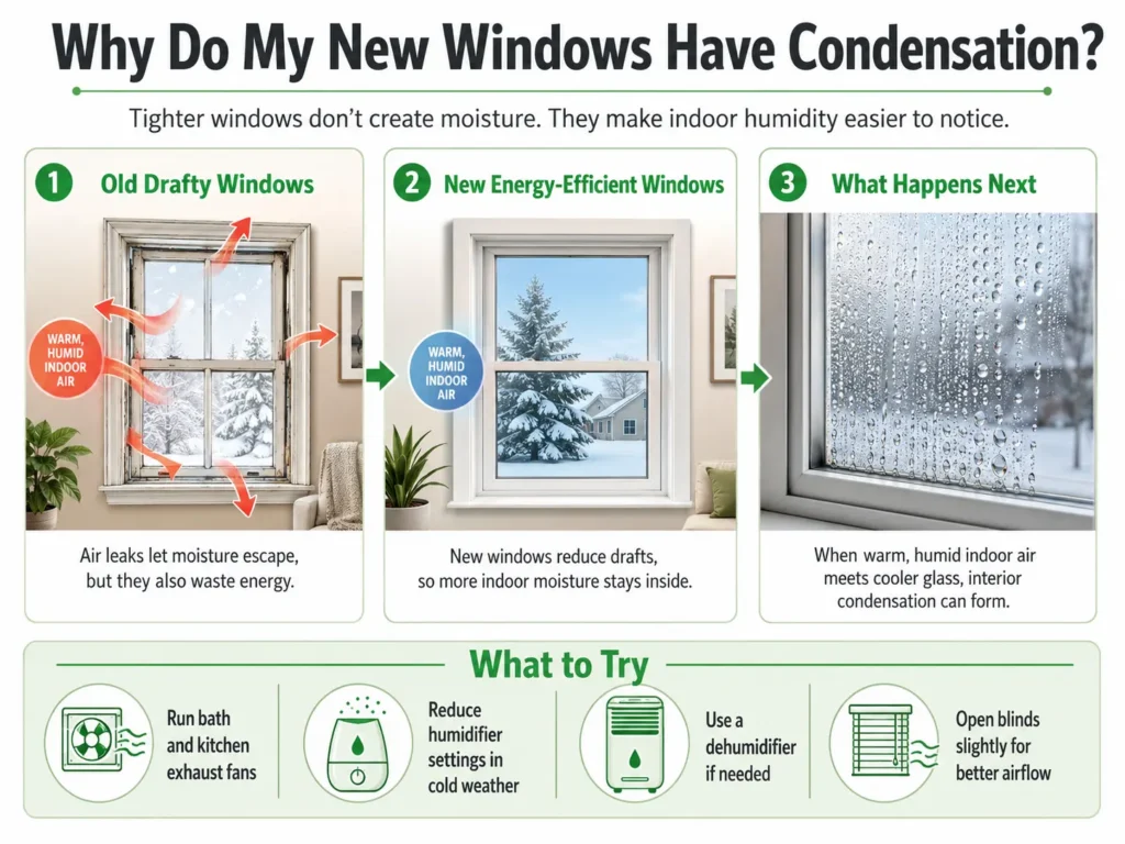 Infographic explaining why new energy-efficient windows may show interior condensation after reducing drafts and trapping more indoor humidity.