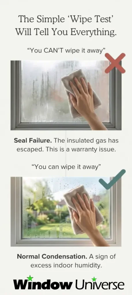 Wipe test graphic showing the difference between removable surface condensation and fog trapped between window panes from seal failure.