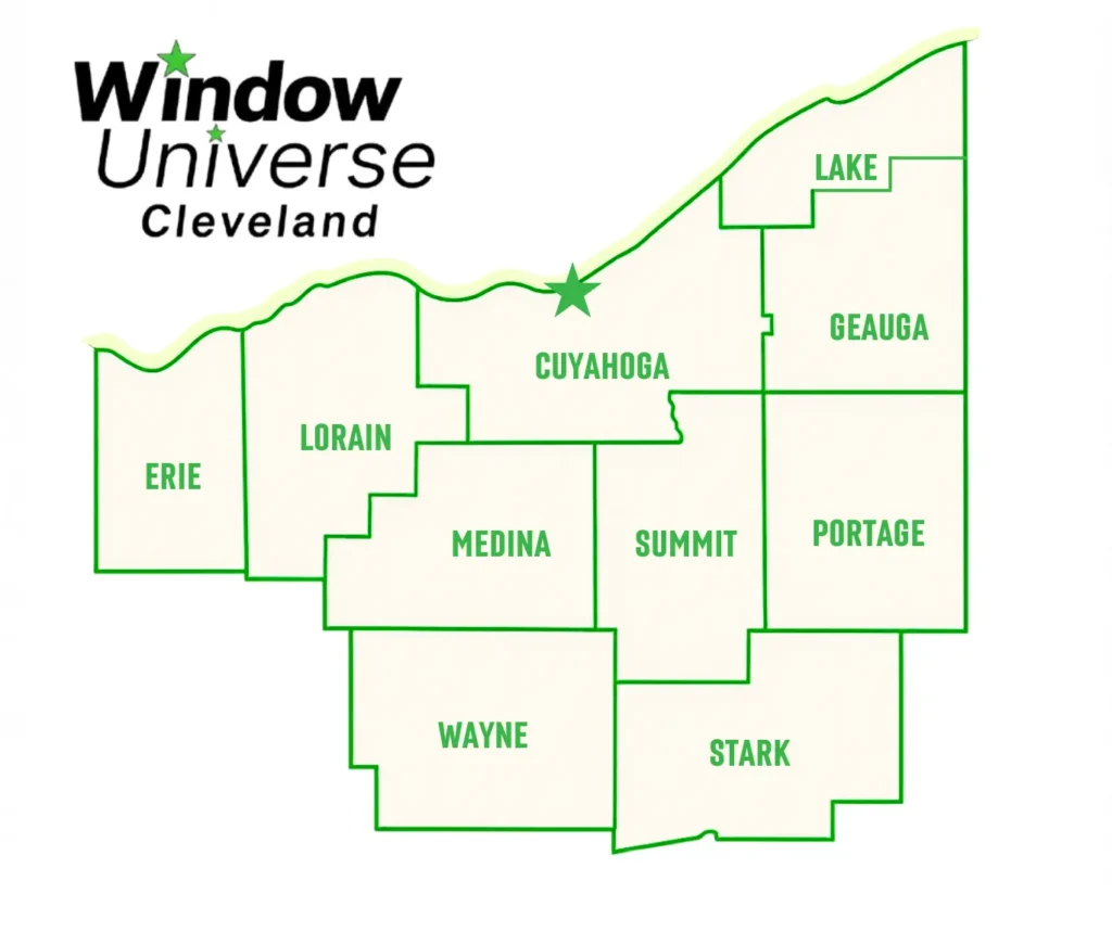 Window Universe Cleveland service area map covering Cleveland, Akron, and surrounding Northeast Ohio communities.